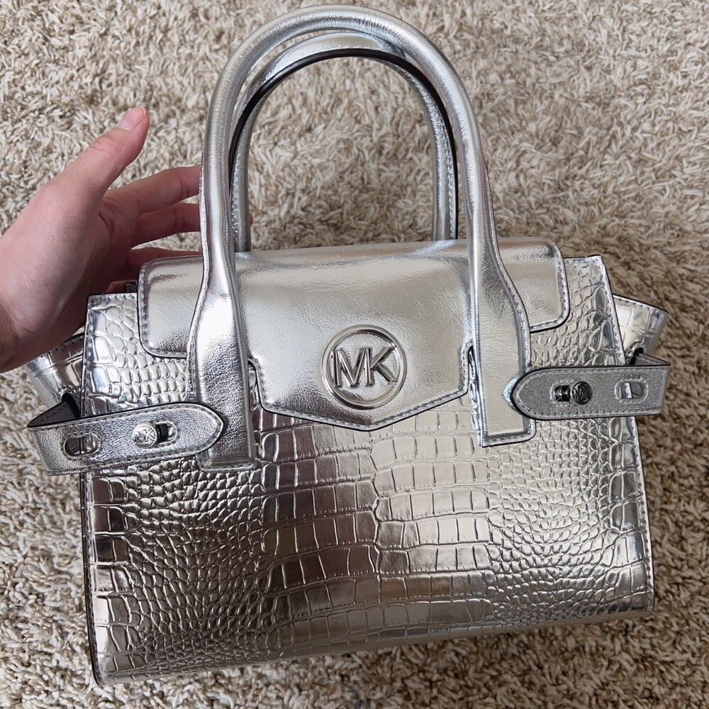Michael Kors Carmen Medium Metallic Crocodile Embossed Belted Satchel